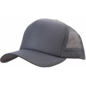 A grey truckers mesh cap featuring a solid front panel and a breathable mesh back. It has a curved brim and a logo.