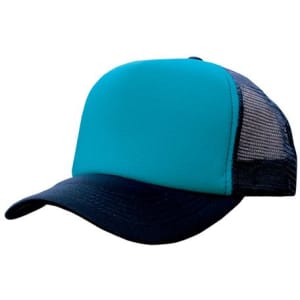 A truckers mesh cap featuring a bright blue front and a black mesh back. It has a curved brim and a logo.