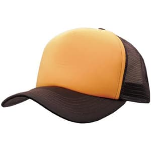 A truckers mesh cap featuring a yellow front and a brown mesh back. It has a curved brim and a logo.
