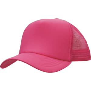 A pink truckers mesh cap featuring a solid front and mesh back, complete with a branded logo.
