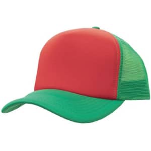 A truckers mesh cap featuring a red front and a green mesh back. The cap has a curved peak and is adjustable.
