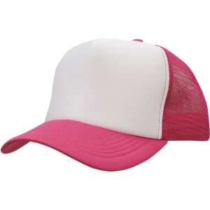 A pink and white trucker mesh cap featuring a structured front panel and a breathable mesh back.