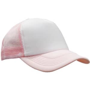 A pink and white truckers mesh cap with a structured front and mesh back, featuring a logo.