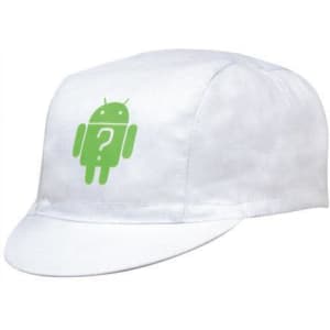 A white cycling cap featuring a green logo on the front. The cap has a classic cycling style.