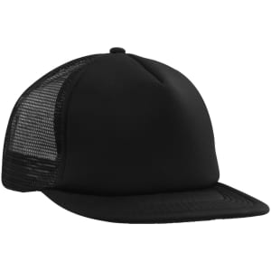 A black flat peak trucker mesh cap with a solid front and mesh back, featuring a logo.