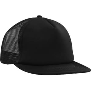 A black trucker mesh cap with a flat peak and mesh sides, featuring a branded logo.