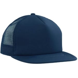A navy blue trucker mesh cap with a flat peak and a mesh back, featuring a logo.