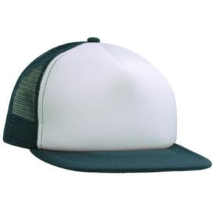 A green and white trucker cap with a flat peak and a mesh back, featuring a solid front panel.