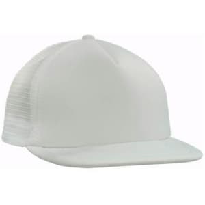 A white trucker mesh cap with a flat peak and a mesh back, featuring an unbranded design.