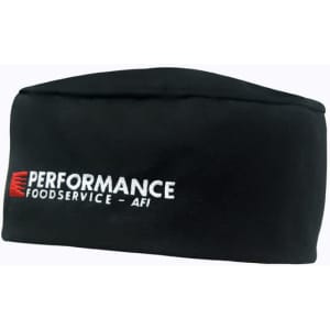 A black poly cotton chef's hat featuring a logo on the front. Ideal for culinary professionals.