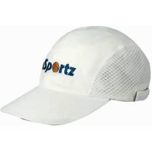 A white brushed cotton cap with a mesh design and a logo on the front.