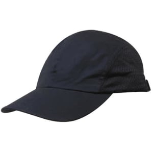 A navy cap with a curved brim and mesh panels, featuring a logo on the side.