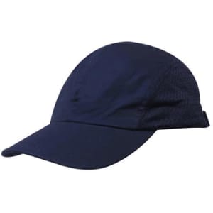 A navy blue cap featuring a curved brim and mesh detailing. It has a logo on the side.