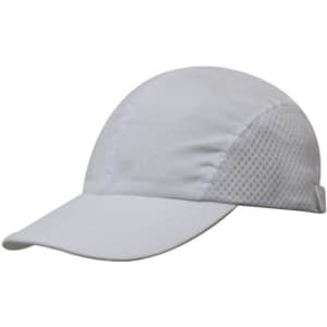 A light grey cap with a curved brim and textured side panels, featuring a logo.