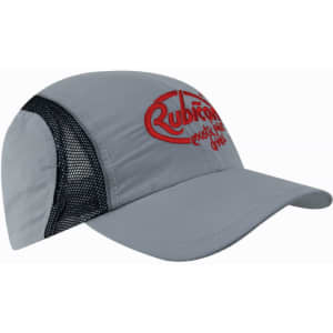 A grey sports cap made of microfibre and mesh, featuring reflective trim and a logo on the front.