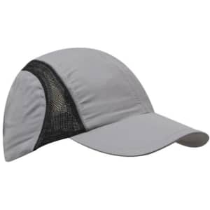 A grey sports cap featuring mesh panels and reflective trim. The cap has a logo on it.