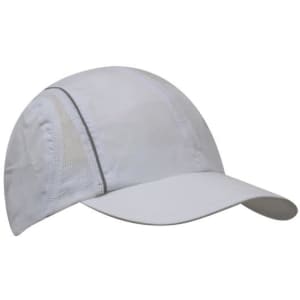 A white sports cap with mesh panels and reflective trim, featuring a curved brim and a logo.