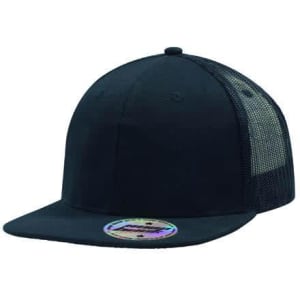 A black snapback cap with a mesh back and a circular sticker on the brim.