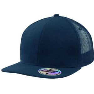 A navy blue snapback cap with a mesh back and a round logo sticker on the front.