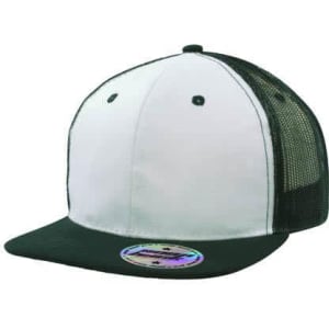 A premium snapback cap in white and black, featuring a mesh back and a circular logo sticker on the brim.