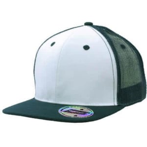 A green and white snapback cap with a mesh back and a branded sticker on the brim.