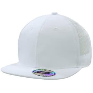 A white snapback cap with a mesh back and a branded sticker on the visor.