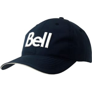 A navy cap with a white branded logo, featuring a wind strap and clip on the back.