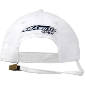 A white cap featuring a back strap and clip, with an embroidered logo.