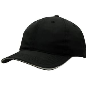A black cap with a curved brim and a contrasting trim, featuring a logo on the front.