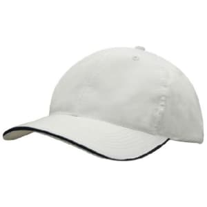 A white cap with a black trim, featuring a curved peak and a stitched top button. It has a logo on the front.