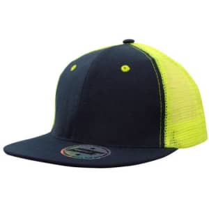 A navy cap with a bright yellow mesh back and snapback closure, featuring a logo on the front.