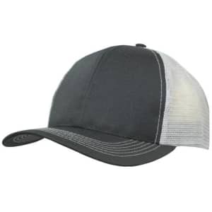 A breathable poly twill cap with a mesh back, featuring a dark grey front and a light grey mesh side.