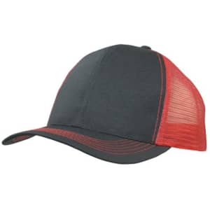 A cap featuring a breathable black poly twill front and a red mesh back, complete with a curved brim.