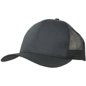 A breathable black poly twill cap with a mesh back and rounded peak. It includes a logo on the front.