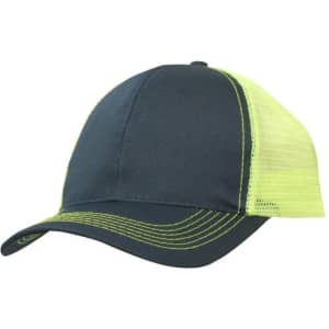 A navy cap with a breathable mesh back in bright yellow and contrasting stitching. It features a logo.