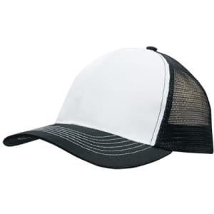 A white and black cap featuring a breathable poly twill front and a mesh back, with a stitched brim and logo.