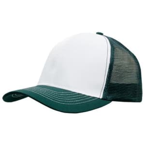 A cap featuring a white front and green mesh back, with a curved brim and a logo on the front.