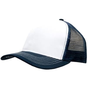 A navy and white cap with a mesh back and contrasting stitching, featuring a logo on the front.