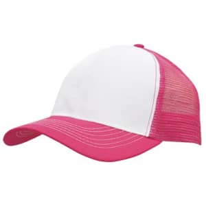 A pink and white cap featuring a breathable poly twill front and mesh back, with a curved brim.