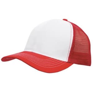 A red and white cap featuring a mesh back and a curved brim, with a logo on the front.