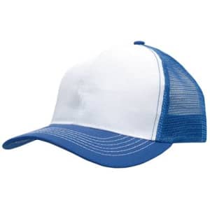 A white and blue cap featuring a breathable poly twill front and a mesh back, with a curved brim.