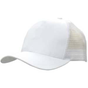 A white cap featuring a breathable poly twill front and a mesh back. It has a fitted design and a curved brim.