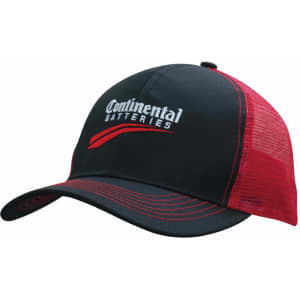 A black cap with a red mesh back, featuring a logo on the front.