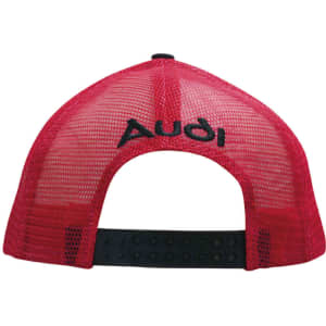 A red cap with a mesh back, featuring a logo. The adjustable strap is visible at the back.