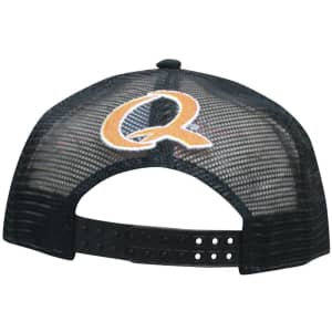 A grey marle cap with a black mesh back and an embroidered logo. Features an adjustable strap at the back.