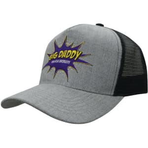 A grey marled cap with a mesh black back and an embroidered logo featuring a bright graphic design.