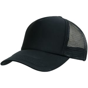 A black trucker cap featuring a solid front panel and mesh sides, with a logo on the front.