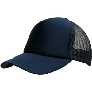 A navy blue kids' trucker cap with a solid front and mesh back. Features a logo on the front.