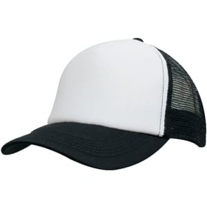 A black and white kids' trucker cap featuring a front panel and mesh back. It has a curved brim and an adjustable strap.
