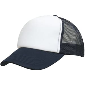 A kids' trucker cap featuring a white front panel and navy blue brim, with a mesh back and a logo.